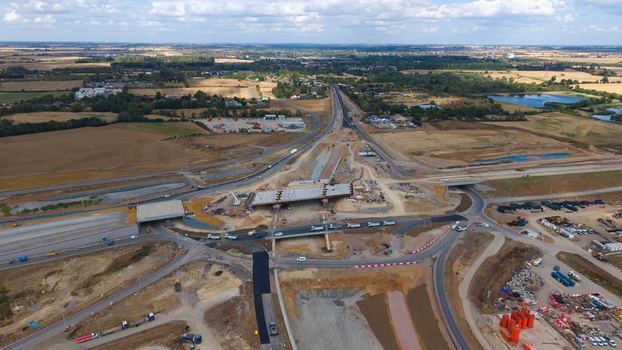 Aerial view of Black Cat Roundabout highway construction featuring heavy machinery bridge structures and road development in Chawston England United Kingdom. Aerial view of Black Cat Roundabout highway construction featuring heavy machinery bridge structures and road development in Chawston England United Kingdom.