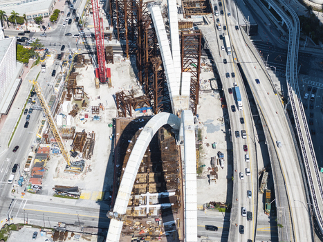 Aerial view of a symphony of steel and concrete intertwines a testament to modern engineering amidst the urban sprawl where cranes dance and highways pulse with life Miami Florida USA. Aerial view of a symphony of steel and concrete intertwines a testament to modern engineering amidst the urban sprawl where cranes dance and highways pulse with life Miami Florida USA.