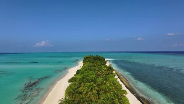 Aerial view of a tropical island with palm trees Maldives.