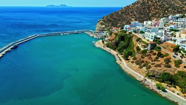 Aerial view of Crete harbor and coastline Greece.