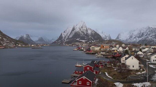 Aerial view of Lofoten and red houses in Vagan Municipality Norway.