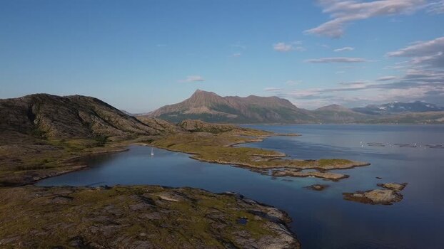 Aerial view of the rugged coastline of Senja Norway.