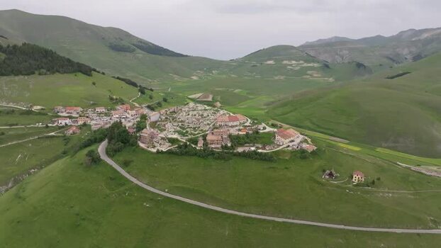 Aerial view of Castelluccio village in the Apennine mountains Italy.