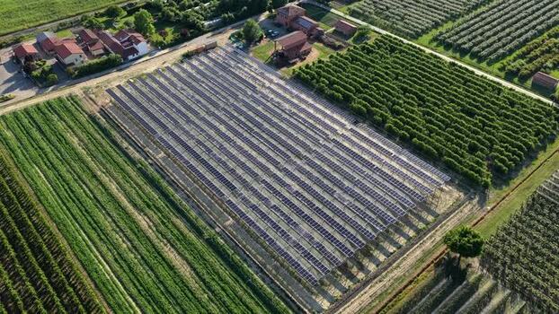 Aerial view of solar panel array in rural Faenza Italy.