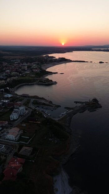 Aerial view of the coastal town of Lozenets at sunset Bulgaria. Aerial view of the coastal town of Lozenets at sunset Bulgaria.