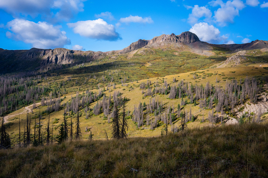View of San Luis Peak rising above the golden alpine meadows and rugged terrain near the West Willow Creek Trailhead in Creede Colorado United States. View of San Luis Peak rising above the golden alpine meadows and rugged terrain near the West Willow Creek Trailhead in Creede Colorado United States.
