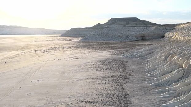 Aerial view of the white limestone cliffs of Tuzbair Kazakhstan.