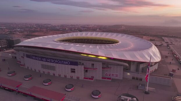 Aerial view of Riyadh Air Metropolitano Stadium at sunset Spain.