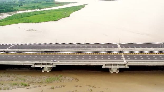 Aerial view of Ganga Expressway bridge over the river India.