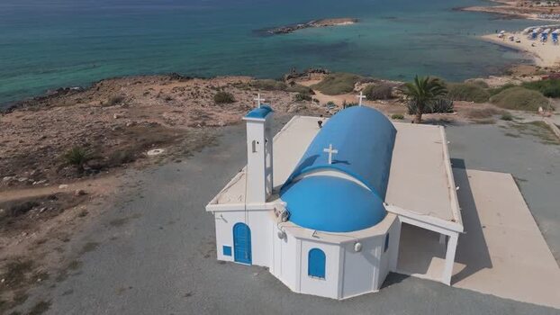 Aerial view of a coastal church in Famagusta Northern Cyprus.