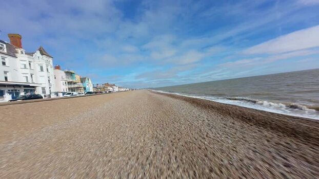 Aerial FPV view of Aldeburgh Beach United Kingdom. Aerial FPV view of Aldeburgh Beach United Kingdom.