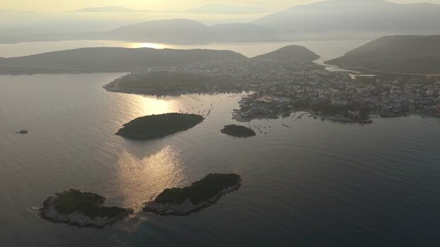 Aerial view of Ksamil coastline at sunset Albania.