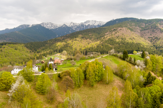 Aerial view of the mountainous landscape surrounding Bran featuring lush forests rolling hills and traditional buildings with snow capped peaks in the background in Bran Brasov Romania.