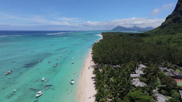 Aerial view of Le Morne Brabant and turquoise lagoon Mauritius.