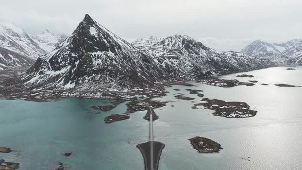 Aerial view of Flakstadbruene bridge Norway.