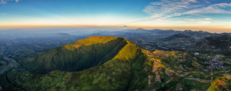 Aerial view of the lush green ridge of Gunung Bismo at sunrise featuring terraced agricultural fields and distant mountain peaks in Kecamatan Kejajar Jawa Tengah Indonesia.