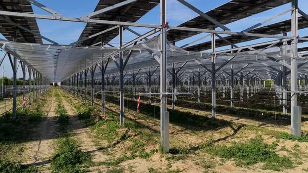 Aerial view of agrivoltaic system in Faenza Italy.