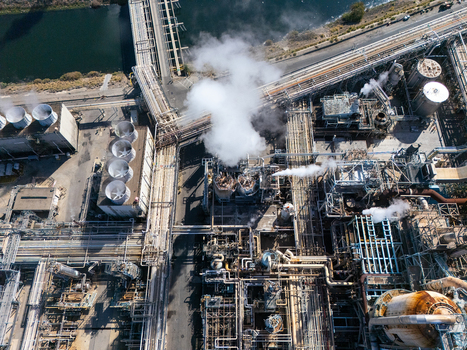 Aerial view of an industrial refinery complex in Carson California United States.
