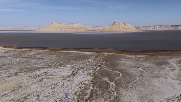 Aerial view of Karynzharyk desert and salt flats Kazakhstan.