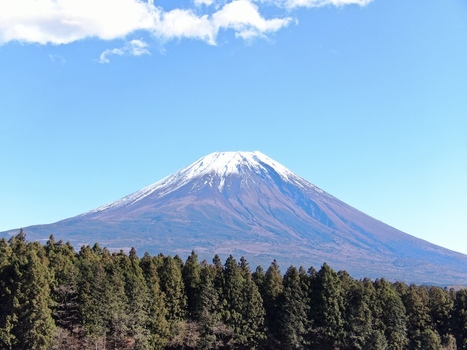 Aerial view of Mount Fuji with its snow capped peak rising above a dense forest under a clear blue sky in Fujinomiya Shizuoka Japan. Aerial view of Mount Fuji with its snow capped peak rising above a dense forest under a clear blue sky in Fujinomiya Shizuoka Japan.