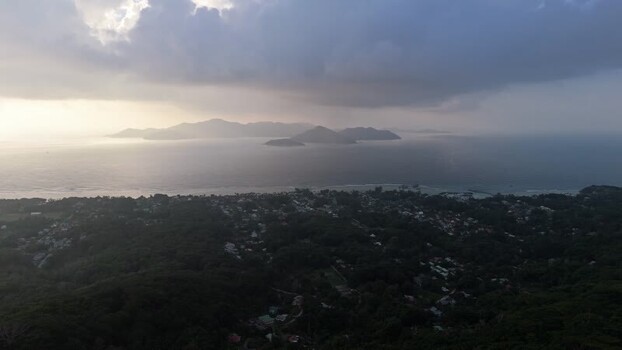 Aerial view of Anse Reunion coastline Seychelles.