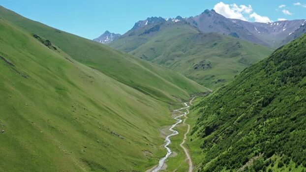 Aerial view of Caucasus Mountains and Elbrus Russia.