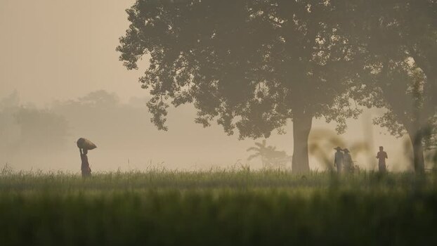 View of people in a misty rural field Bangladesh.