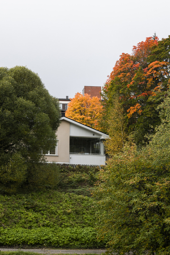 View of a house nestled among vibrant autumn trees with orange and green foliage under an overcast sky in Jyvaskyla Central Finland Finland.