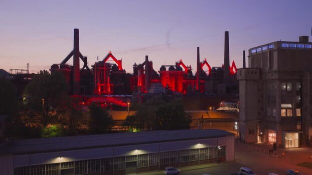 Aerial view of Volklingen Ironworks at dusk Germany. Aerial view of Volklingen Ironworks at dusk Germany.