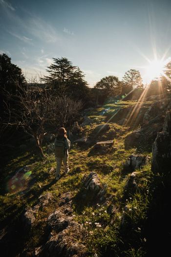 View of a woman trekking on a rocky grassy hill during golden hour with trees and sunlight in Tandil Buenos Aires Argentina. View of a woman trekking on a rocky grassy hill during golden hour with trees and sunlight in Tandil Buenos Aires Argentina.