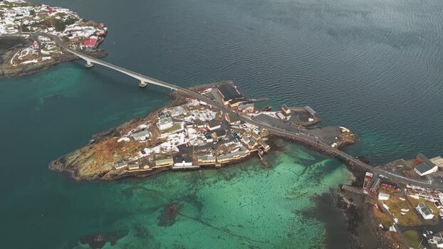 Aerial view of bridges and buildings in Hamn&oslash;y Norway.