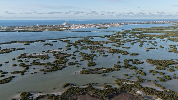 Aerial view of Yucalpeten lagoon with numerous mangrove islands and the city skyline in the distance under a clear sky Progreso Yucatan Mexico. Aerial view of Yucalpeten lagoon with numerous mangrove islands and the city skyline in the distance under a clear sky Progreso Yucatan Mexico.