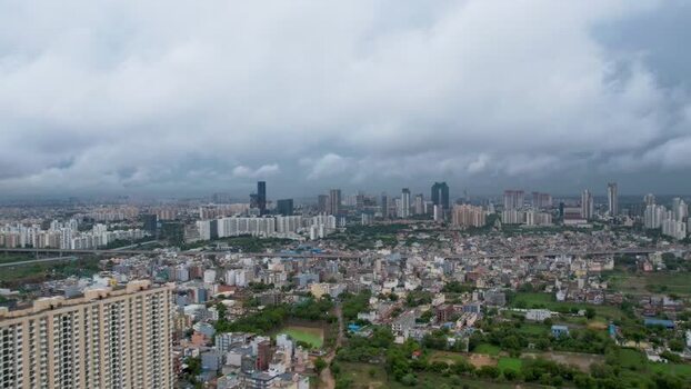 Aerial view of Gurugram cityscape with skyscrapers India.
