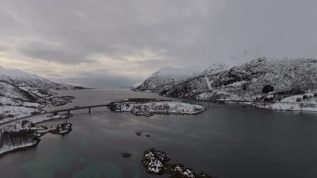 Aerial view of Lofoten bridge in winter Norway.