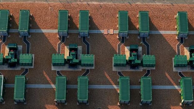 Aerial view of Grendon battery storage facility United Kingdom.
