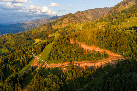 Aerial view of Fiemme Valley featuring lush coniferous forests winding mountain roads and dramatic golden hour light Trentino Alto Adige Italy.
