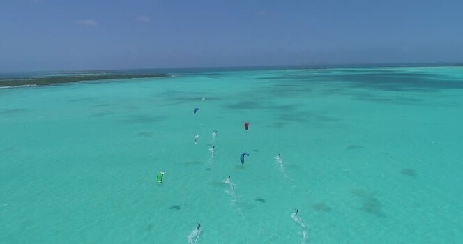 Aerial view of kiteboarders in Los Roques archipelago Venezuela.