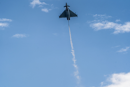 Berlin Berlin Germany 13 June 2026 View of a Eurofighter Typhoon performing a high speed climb with a vapor trail against a blue sky at the ILA Berlin Air Show. Berlin Berlin Germany 13 June 2026 View of a Eurofighter Typhoon performing a high speed climb with a vapor trail against a blue sky at the ILA Berlin Air Show.