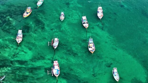 Aerial view of fishing boats in turquoise water Sri Lanka.