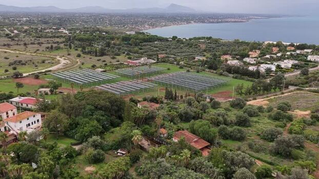Aerial view of solar farm panels in Terrasini Italy.