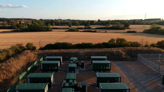 Aerial view of Grendon battery storage facility United Kingdom.