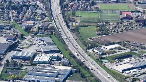 Aerial view of highway and buildings France.