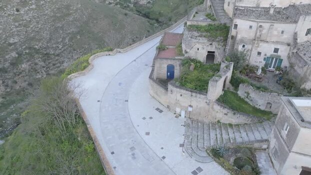 Aerial view of Sassi di Matera historic stone architecture Italy.