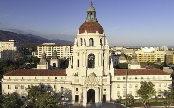 Aerial view of Pasadena City Hall with its iconic dome terracotta roof and surrounding historic architecture in Pasadena California United States.