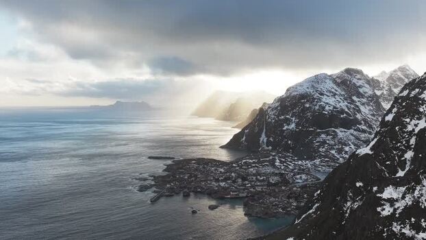 Aerial view of Tind coast and mountains Norway.