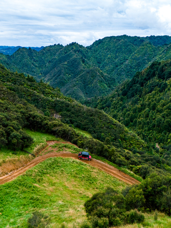 Aerial view of a red RV winding through the vibrant green hills and valleys of Blue Duck Station Retaruke Manawatu Whanganui Region New Zealand. Aerial view of a red RV winding through the vibrant green hills and valleys of Blue Duck Station Retaruke Manawatu Whanganui Region New Zealand.