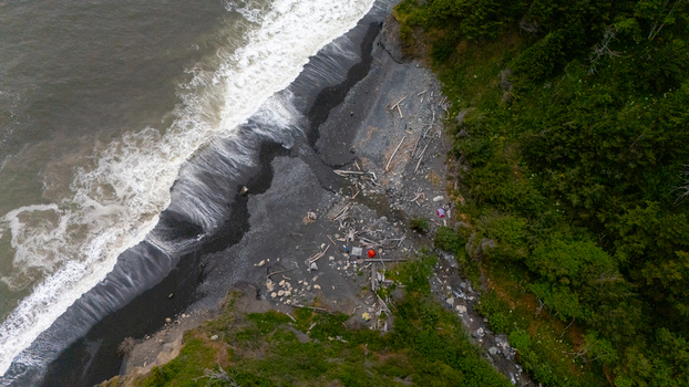 Aerial view of the rugged Lost Coast with dark sand crashing waves and driftwood near a small campsite on the edge of a lush forest in Humboldt County California United States.
