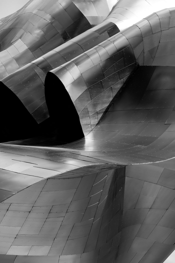 View of the metallic curved architectural panels of the Museum of Pop Culture in Seattle Washington United States.
