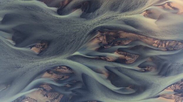 Aerial view of glacial river patterns at Jokulsarlon Iceland.