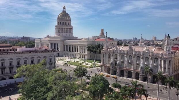 View of El Capitolio and historic architecture in Havana Cuba.